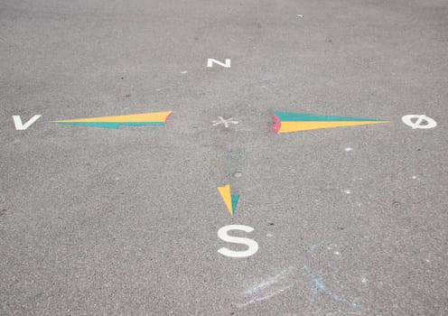 World corner sign on asphalt in schoolyard