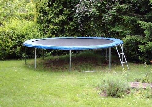 Blue trampoline on the lawn in garden