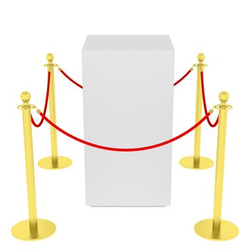 Golden fence, stanchion with red barrier rope, isolated on white background. 3D illustration