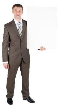 Business man holding blank banner isolated on white background