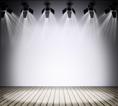Illuminated empty brown concert stage with rays of light. 3D illustration