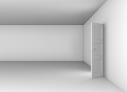 Opened door with bright light on empty white wall background. 3D rendering