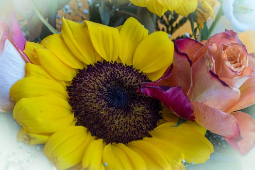 A bouquet of colourful flowers with white vignetting