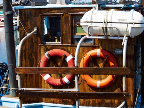 Details of a cabin of a traditional classical design fishing boats in a port 