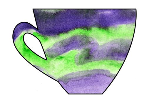 Cup of tea and coffee. Handmade. Watercolor, Mixed media. Cut paper. Tea time. Green and Purple