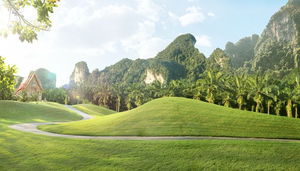 Panorama view of nice Green landscape and thai temple on the back