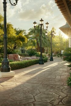 panoramic view of nice home town street during summer sunset