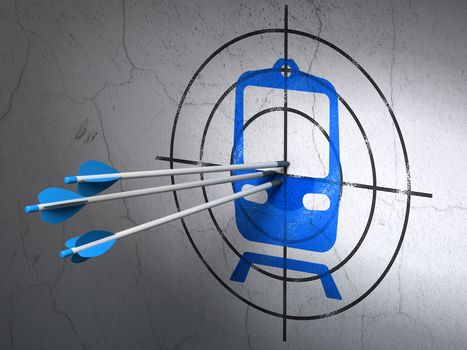 Success tourism concept: arrows hitting the center of Blue Train target on wall background, 3D rendering