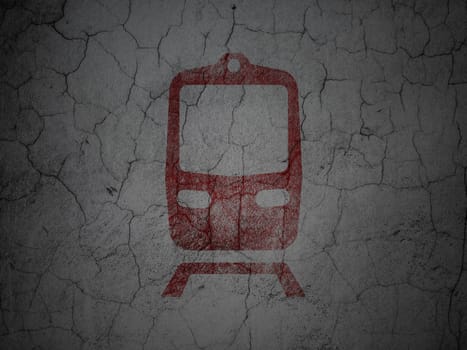 Vacation concept: Red Train on grunge textured concrete wall background