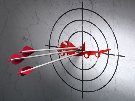 Success tourism concept: arrows hitting the center of Red Airplane target on wall background, 3D rendering
