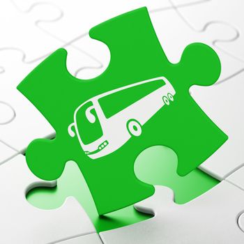 Travel concept: Bus on Green puzzle pieces background, 3D rendering