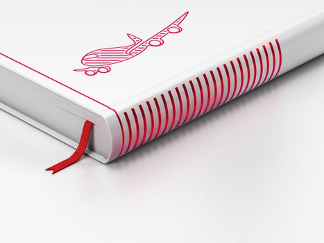 Vacation concept: closed book with Red Airplane icon on floor, white background, 3D rendering