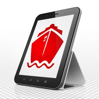 Travel concept: Tablet Computer with red Ship icon on display, 3D rendering