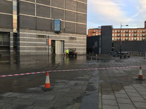 UNITED-KINGDOM, Leeds : Parts of Leeds near the Royal Armouries museum are submerged in flood waters after heavy rainfall hits northern England on December 27, 2015 in West Yorkshire. December 2015 has been the wettest on record for parts of the UK and has seen several communities swamped by rising waters, Met Office figures show. Flood alerts and warnings were issued since the beginning of the month across England and Wales as Storm Desmond, Eva then Frank take hold and bring torrential rain. The leader of Leeds City Council has said the authority had warned the Government that flooding in Leeds was a catastrophe waiting to happen on December 27, 2015. 