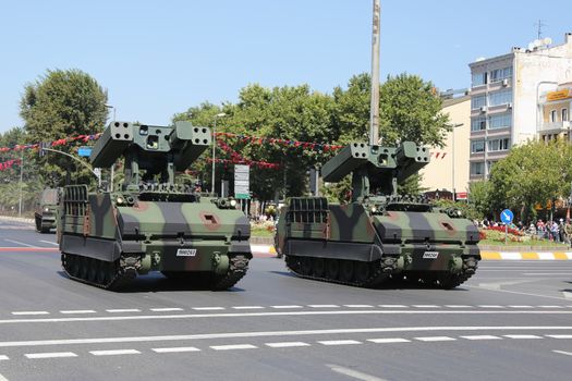 ISTANBUL, TURKEY - AUGUST 30, 2015: Armoured personnel carrier during 93th anniversary of 30 August Turkish Victory Day parade on Vatan Avenue