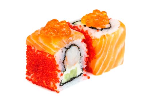 Uramaki maki sushi, two rolls isolated on white. Salmon with philadelphia, shrimp, avocado, ikura and tobico