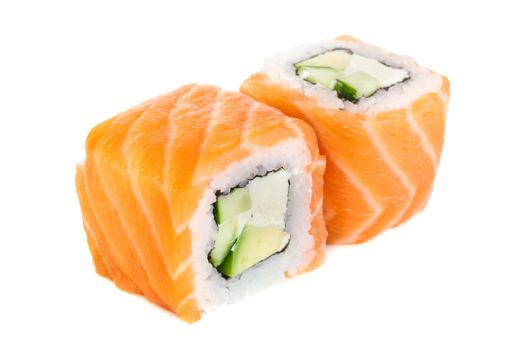 Uramaki maki sushi, two rolls isolated on white. Salmon with philadelphia, avocado and cucumber
