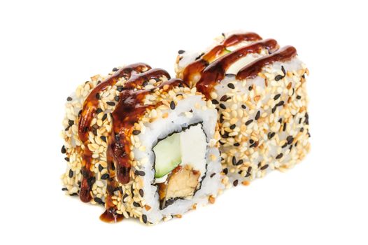 Uramaki maki sushi, two rolls isolated on white. Eeel with philadelphia, avocado, sesame and tempura