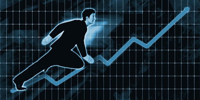 Chinese Businessman Charging Ahead on Blue Background Art