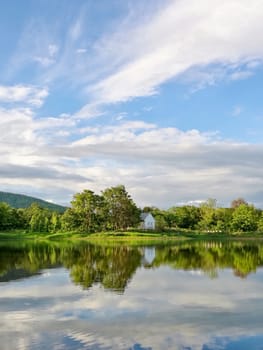 Reflection of natural tree and sky in a lake.