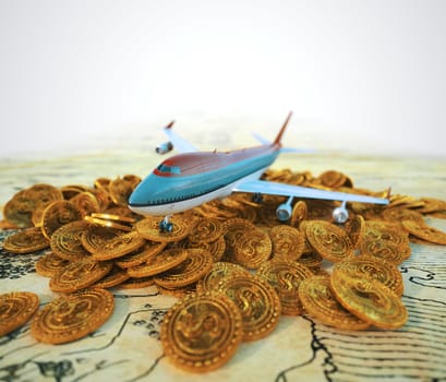 passenger plane with gold coins travel business background concept 3d illustration
