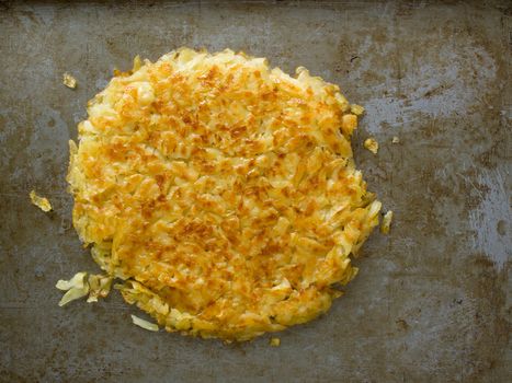 close up of rustic golden crispy swiss rosti