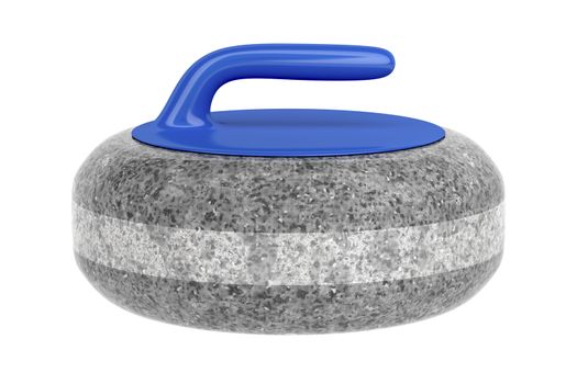 Side view of curling stone with blue handle, isolated on white background
