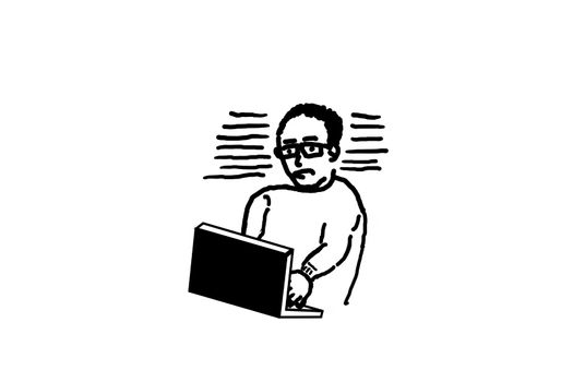 Hand drawing of an advertising character, cartoon character or line drawing. Man with laptop against white background.