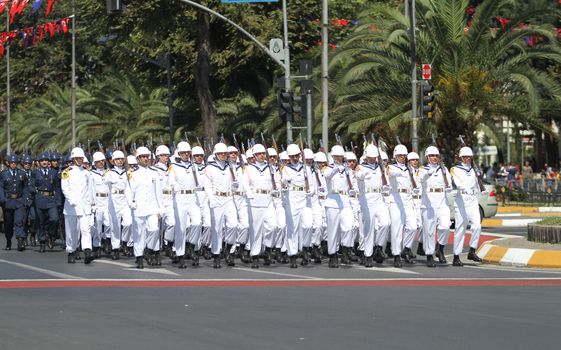 ISTANBUL, TURKEY - AUGUST 30, 2015: Sailors march during 93th anniversary of 30 August Turkish Victory Day parade on Vatan Avenue