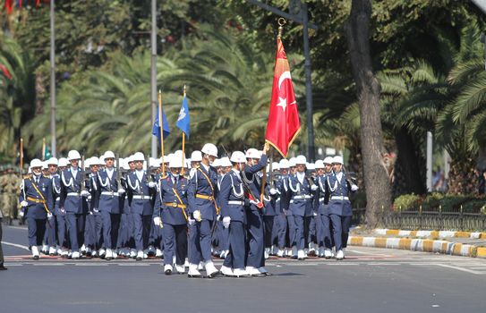 ISTANBUL, TURKEY - AUGUST 30, 2015: Soldiers march during 93th anniversary of 30 August Turkish Victory Day parade on Vatan Avenue