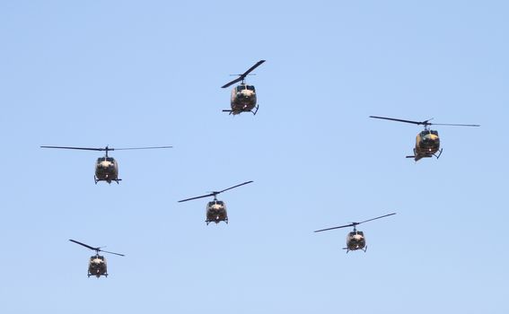 ISTANBUL, TURKEY - AUGUST 30, 2015: Military Helicopters during 93th anniversary of 30 August Turkish Victory Day parade on Vatan Avenue