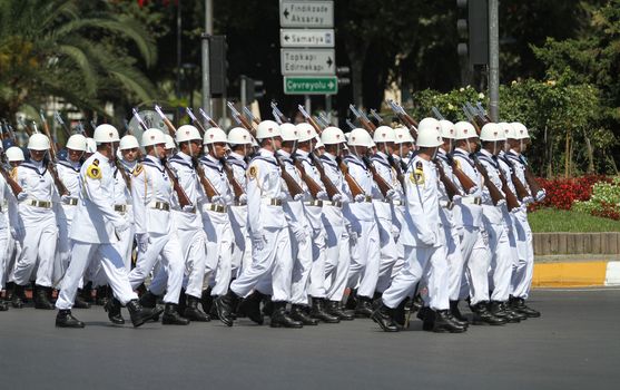 ISTANBUL, TURKEY - AUGUST 30, 2015: Sailors march during 93th anniversary of 30 August Turkish Victory Day parade on Vatan Avenue