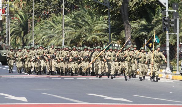 ISTANBUL, TURKEY - AUGUST 30, 2015: Soldiers march during 93th anniversary of 30 August Turkish Victory Day parade on Vatan Avenue