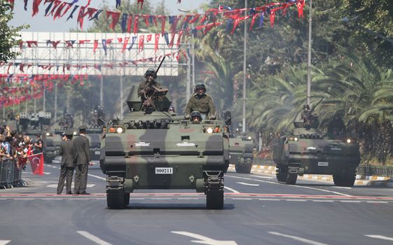 ISTANBUL, TURKEY - AUGUST 30, 2015: Armoured personnel carrier during 93th anniversary of 30 August Turkish Victory Day parade on Vatan Avenue