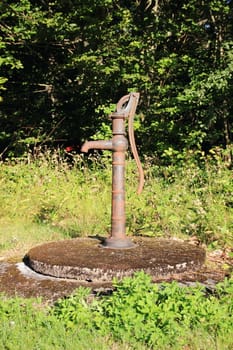 Old grunge water pump in forest garden