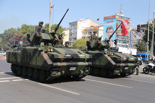 ISTANBUL, TURKEY - AUGUST 30, 2015: Armoured personnel carrier during 93th anniversary of 30 August Turkish Victory Day parade on Vatan Avenue