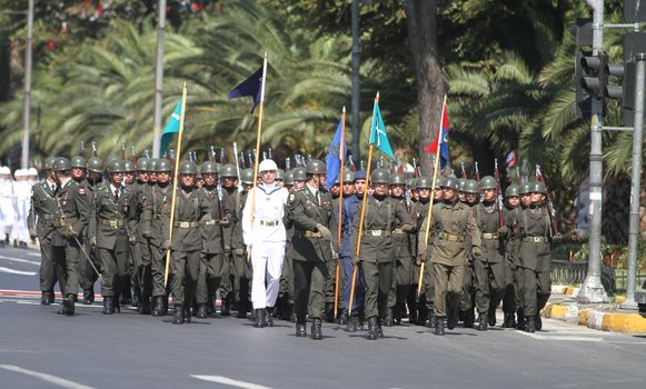 ISTANBUL, TURKEY - AUGUST 30, 2015: Soldiers march during 93th anniversary of 30 August Turkish Victory Day parade on Vatan Avenue