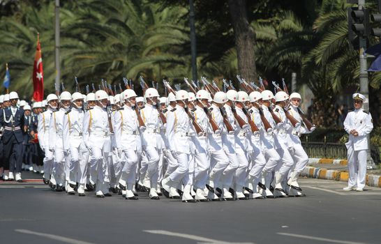 ISTANBUL, TURKEY - AUGUST 30, 2015: Sailors march during 93th anniversary of 30 August Turkish Victory Day parade on Vatan Avenue