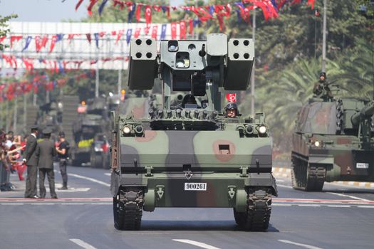 ISTANBUL, TURKEY - AUGUST 30, 2015: Armoured personnel carrier during 93th anniversary of 30 August Turkish Victory Day parade on Vatan Avenue