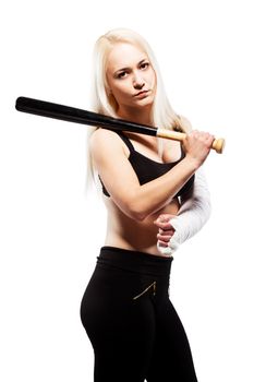 Blond girl with a broken arm in plaster, holding baseball bat