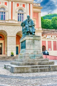 The iconic statue of Bernardino Telesio, Italian philosopher and natural scientist. Old town of Cosenza, Italy