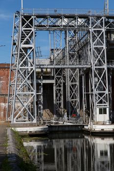 Old hydraulic boat lifts and historic Canal du Centre, Belgium, Unesco Heritage - The hydraulic lift of Strepy-Bracquegnies