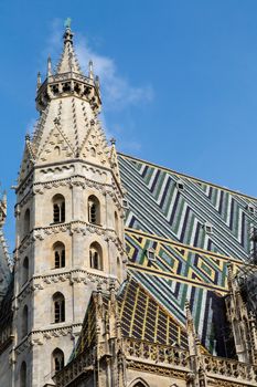 St. Stephen's Cathedral with ornately patterned, multi colored roof in Vienna, Austria