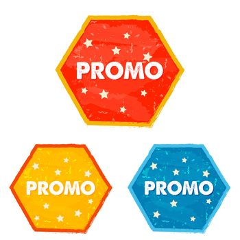 promo and stars labels - text in red, yellow, blue grunge drawn flat design hexagons banners, business shopping concept