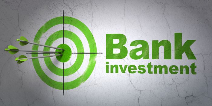 Success banking concept: arrows hitting the center of target, Green Bank Investment on wall background, 3D rendering