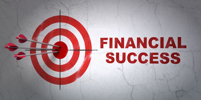 Success money concept: arrows hitting the center of target, Red Financial Success on wall background, 3D rendering