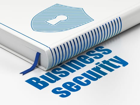 Security concept: closed book with Blue Shield With Keyhole icon and text Business Security on floor, white background, 3D rendering