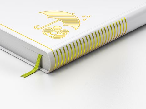 Security concept: closed book with Gold Family And Umbrella icon on floor, white background, 3D rendering