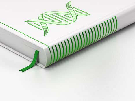 Science concept: closed book with Green DNA icon on floor, white background, 3D rendering