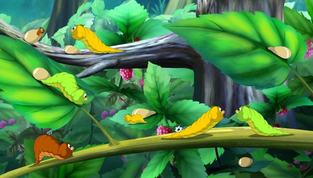 Beautiful Caterpillars Crawls on a Tree. Digital painting  cartoon style full color illustration.